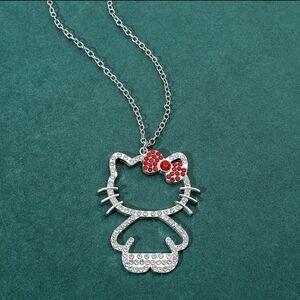 Silver and Red Kitty Pendant Necklace for Kids